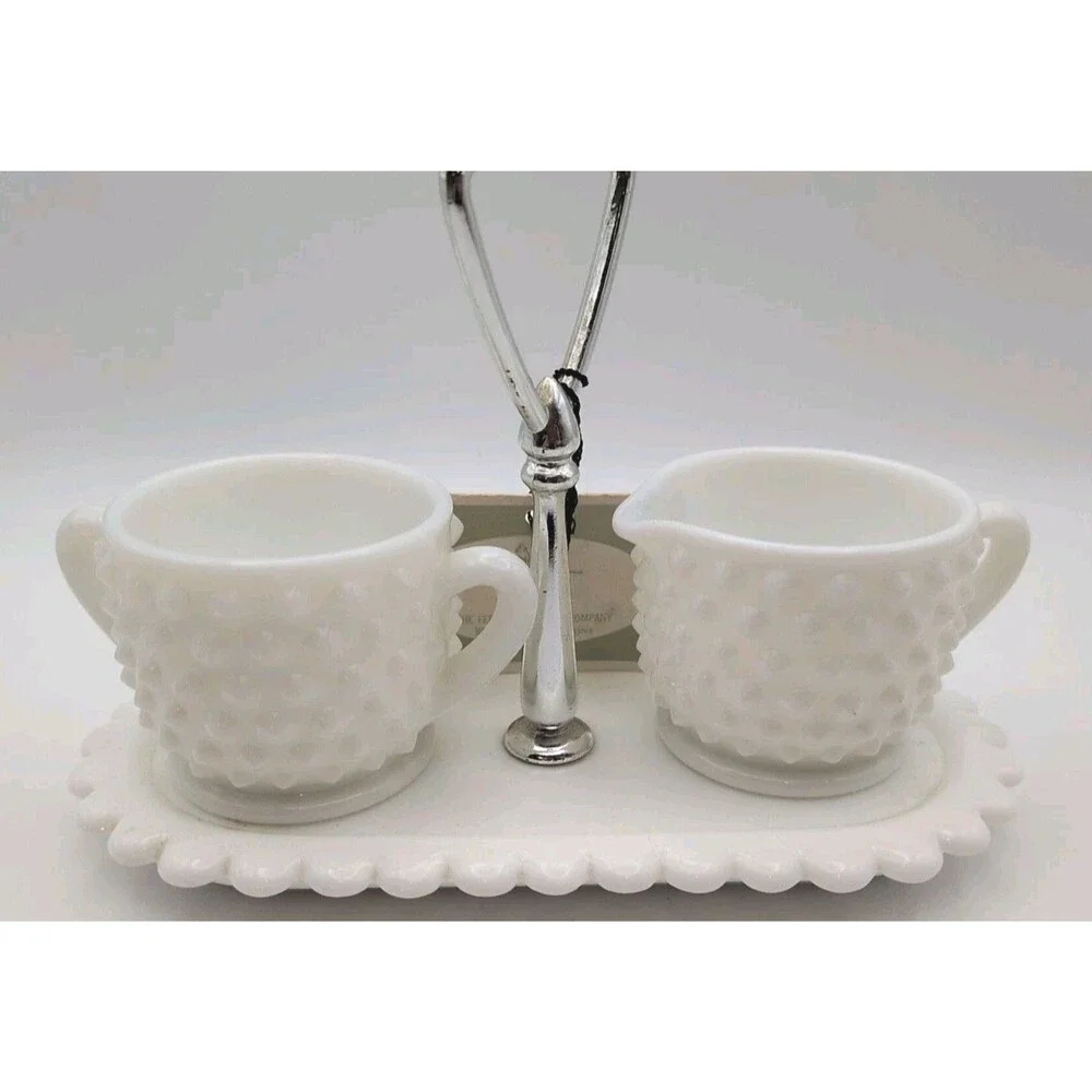 Fenton Milk Glass Hobnail Sugar/ Creamer With Tray And Tags‎